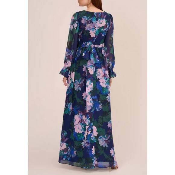 New ADRIANNA PAPELL Women's Navy Multi Floral Print Chiffon Maxi Dress Size 8 - Picture 2 of 10
